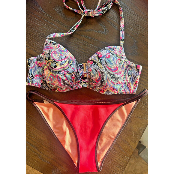Victoria's Secret Paisley Push Up Halter Cheeky Bikini 34C/SMALL Bottoms BOGO - Picture 1 of 6